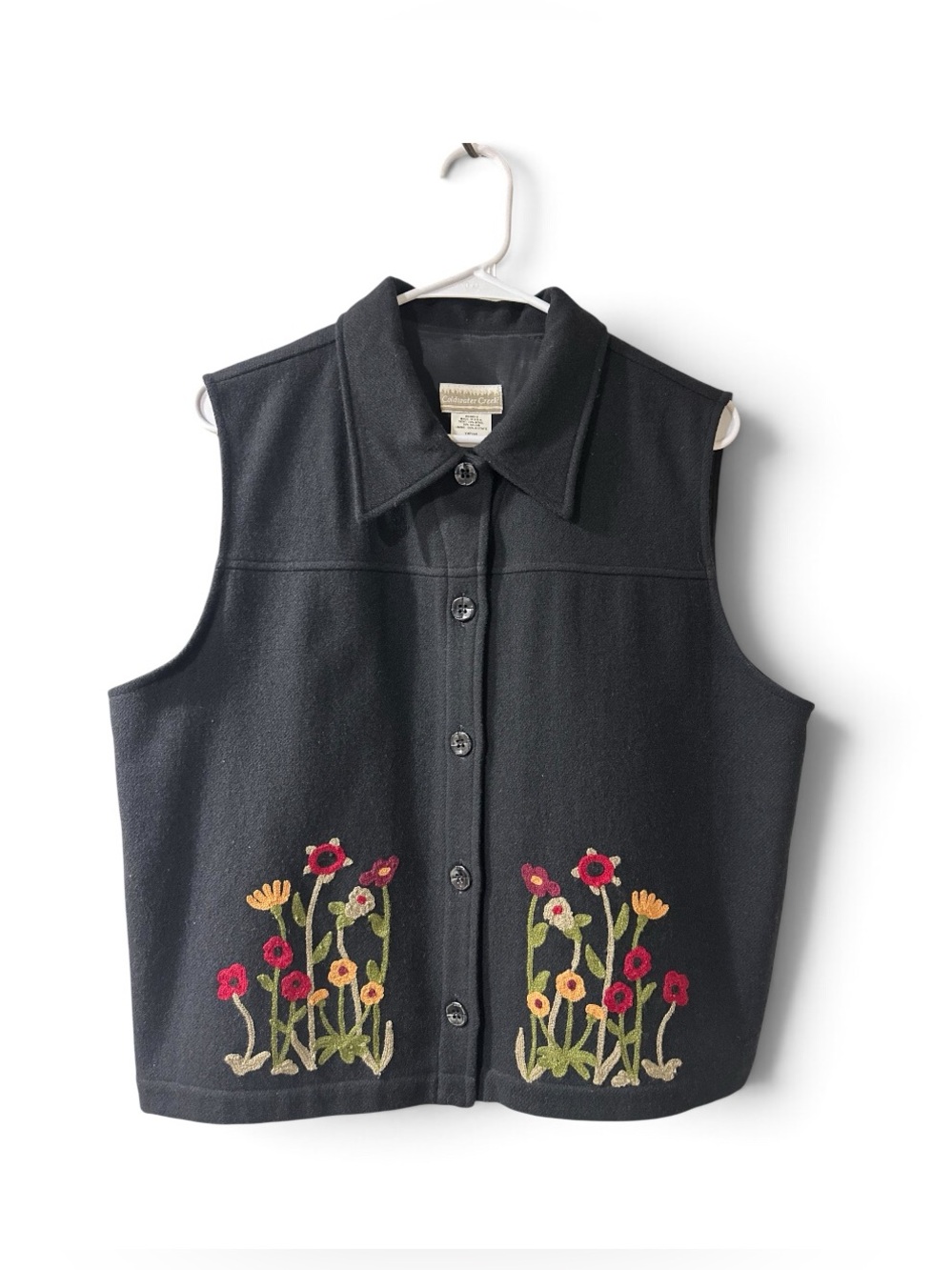 Vintage‎ Coldwater Creek Black Wool Embroidered Floral Button Front Vest Size L
